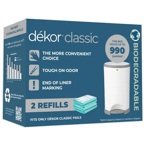 Diaper Dekor Classic Diaper Pail Biodegradable Refills | 2 Count | Most Economical Refill System | Quick & Easy to Replace | No Preset Bag Size Use Only What You Need | Exclusive End-of-Liner Marking