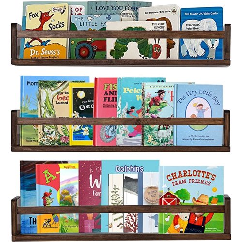 AZSKY Nursery Book Shelves 24 in Set of 3 Walnut Floating Bookshelf for Kids Room Wall Mounted Floating Shelves Solid Nursery Bookshelf Perfect Decor for Kitchen Bedroom Living Room