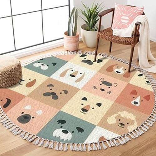 Round Boho Rug Cute Dogs for Kids and Baby Animals Nursery Poster for Greeting Cards Area Rug Linen Rug Carpet Patio Rug 4 ft