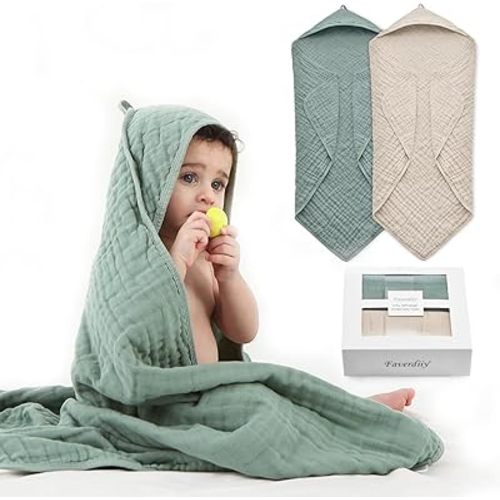 Hooded Baby Towels for Newborn, 35x35 Inch 2 Pack 100% Muslin Cotton Baby Bath Towel, Soft Baby Beach Towels with Hood for Infants, Toddlers and Kids, Essentials Must Haves
