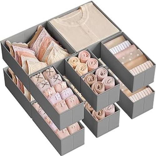 SONGMICS Drawer Organizer, Dresser Drawer Organizers, Set of 12, Foldable Fabric Storage Bins for Socks, Underwear, Bras, Ties, Scarves, Dove Gray URDZ006G02