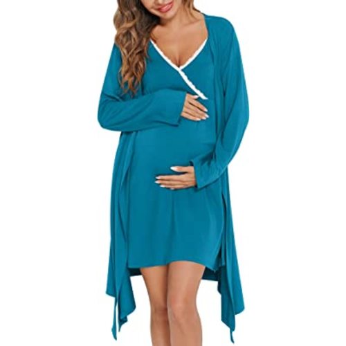 SWOMOG Womens Maternity Robe 2 Piece Nursing Nightgown for Breastfeeding 3 in 1 Labor Delivery Nursing Dress Lace Bathrobe