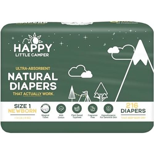 Happy Little Camper Ultra-Absorbent Natural Baby Diapers Size 1 - Hypoallergenic & Chlorine-Free Disposable Diapers Safe for Sensitive Skin - Unscented Newborn Diapers - 216 Count