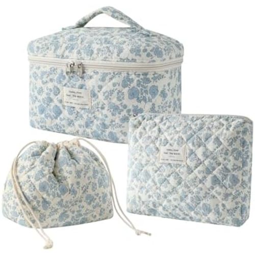 3pcs Large Cotton Quilted Makeup Bag Set,Coquette Aesthetic Cute Travel Toiletry Bag,Drawstring Gift Bag for Women and Girls(3Pcs Light Blue)