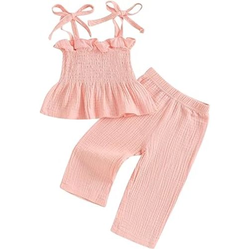 FOMOYUU Toddler Baby Girl Clothes Summer Tie-Up Ruffle Tops Linen Pants Set Infant Smocked Outfit