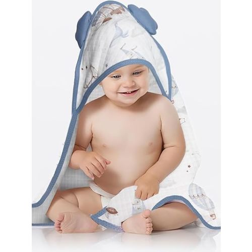 Cute Animal Hooded Baby Towel Unisex 35" x 35", 100% Cotton, Super Soft & Absorbent, with Safety Belt to Prevent Baby Rolling – Great Gift for Newborns, Toddlers & Kids (Blue hot air Balloon)