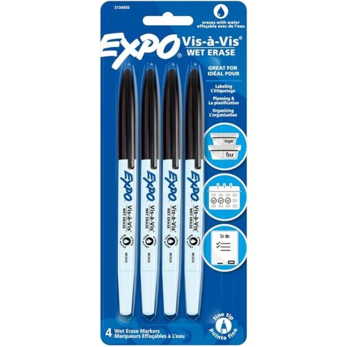 EXPO Vis-A-Vis Wet-Erase Overhead Transparency Markers, Fine Point, Black, 4-Count