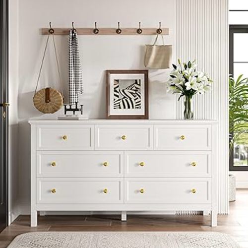 White Dresser for Bedroom with 7 Drawers, 55'' Large Wood Dresser with Gold Handles, Modern Wide Chest of Storage Drawers for Hallway, Living Room