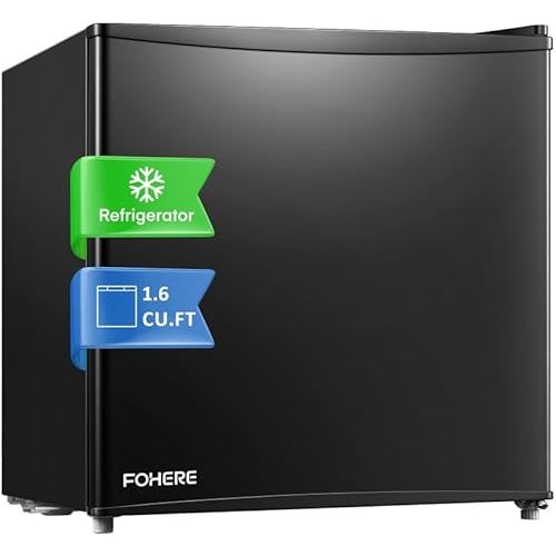 FOHERE 1.6 Cu.ft Mini Fridge for Bedroom with Freezer, Small Refrigerator Single Door, 7-Level Adjustable Thermostat, Black, BC-46-E