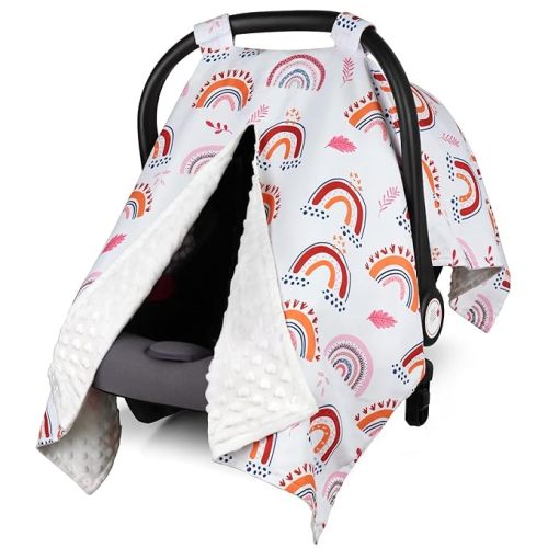 Rquite Car Seat Cover Baby, Carseat Covers Baby Girl, Winter Infant Car Seat Cover, Warm Minky Car Seat Canopy, Baby Carrier Cover with Peekaboo Opening, Multi Use Nursing Cover & Toddler Blanket