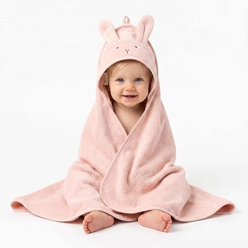 Huxie Baby Hooded Towel – Organic Cotton Baby Bath Towels – Baby Towels, Baby Bath Towels for Baby Girl, 32" x 32" Super-Soft and Absorbent Baby Towels for Newborn (Rabbit - Blush)