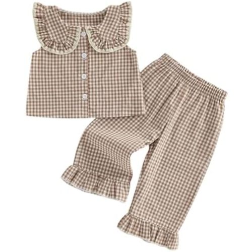Adorable Toddler Girl Sleeveless Top Capri Pants 2 Pieces Sets Ruffle Hem Babydoll Gingham Cotton Summer Pantsuit