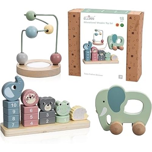 ELLIANI Montessori Toys for 1 Year Old - 3-in-1 Wooden Toy Set with Stacking Toy, Pull Toy, Bead Maze, Educational Gift for Toddlers Age 1-3