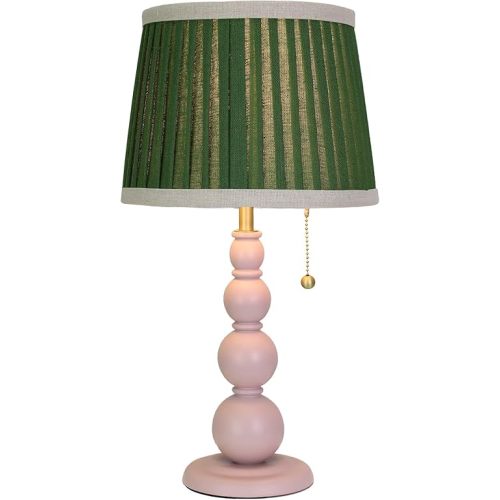 Modern Table Lamp for Living Room, Farmhouse Table Lamps, 8X8X15 Inch Pink Wood Base Desk Lamp Pull Chain Switch Desk Lamp for Bedrooms and Office (Green Conical Pleated Cloth Shade)