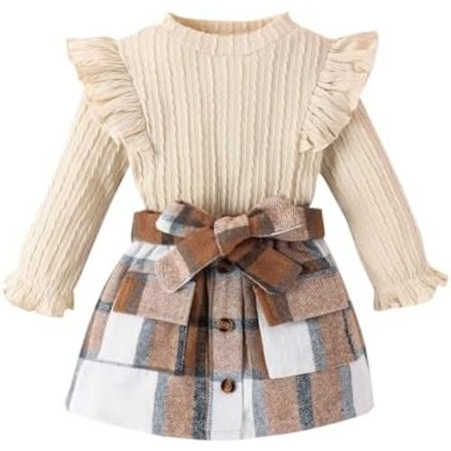 Toddler Girl Fall Clothes Baby Turtleneck Solid Knitted Pullover Top A-Line Button Mini Skirt Set Girls 2Pcs Oufits