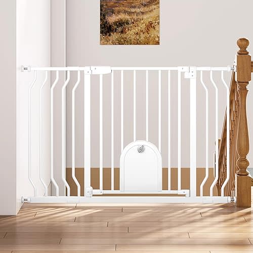 Baby Gates with Cat Door - Auto Close 29.5"-48.4" Safety Metal Dog Pet Gate for Doorway, Stairs, House, Walk Through Child Gate with Pet Door, includes 4 Wall Cups and 2 Extension Pieces