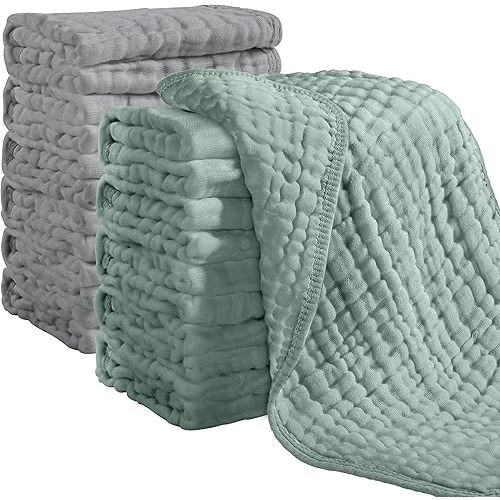 Looxii Muslin Burp Cloths 100% Cotton Muslin Cloths 12 Pack Large 20''x10'' Extra Soft and Absorbent Baby Burping Cloth for Boys and Girls (Grey+DarkGreen)