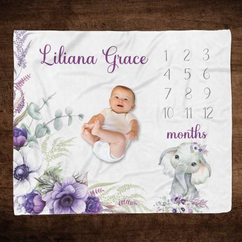 Personalized Purple Floral Elephant Milestone Blanket, Custom Girl Month Photo Blanket, Monthly Growth, Baby Shower Gift, Baby Girl Blanket