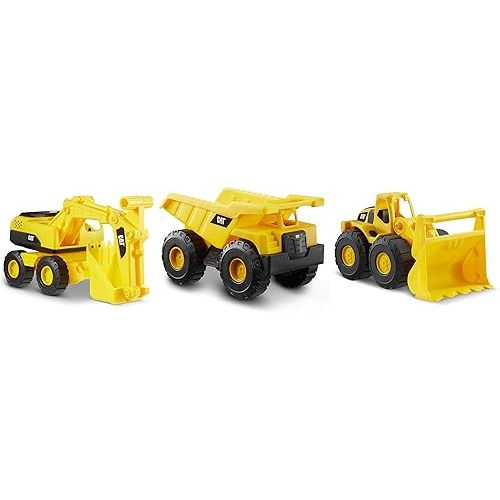 CAT Construction Toys, Mini Crew 3-Pack 7”, Push-Powered Yellow Construction Vehicle Toys, Includes Dump Truck, Wheel Loader, and Excavator for Kids and Toddlers Ages 2+