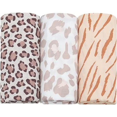 LifeTree Muslin Swaddle Blankets - Soft Muslin Baby Swaddling Blankets Unisex for Boys & Girls Newborn Wrap - 70% Viscose from Bamboo and 30% Cotton Leopard Cheetah Large 47 x 47 inches