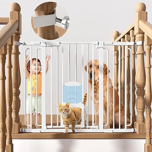 Baby Gate with Cat Door - 36'' Tall Dog Gate with Cat Door for Doorways Stairs 30.5''-47.25'' Pressure Mounted Metal Auto Close Baby Gate with Pet Door