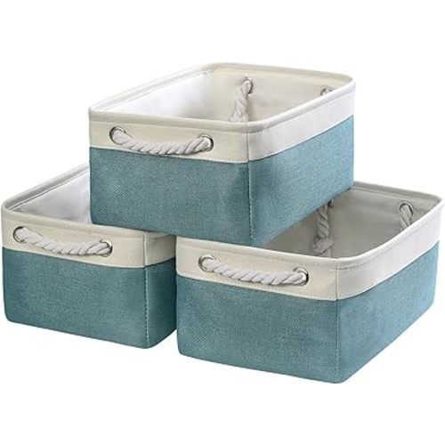 TheWarmHome Fabric Storage Bins Baskets for Organizing,Sturdy Storage Basket W/Handles, Decorative Foldable Storage Baskets for Shelves Closet Nursery Toy (White&Teal, Medium - 3 Pack)