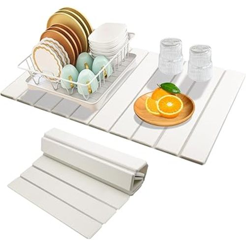 Dish Drying Mats for Kitchen Counter, 24"×16" Foldable Stone Drying Mat for Kitchen Counter, Fast Dry Super Absorbent Drying Stone for Cutlery, Bottles,and Cups,Matches Any Countertop (White)