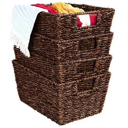 Best Choice Products Rustic Set Of 4 Multipurpose Stackable Seagrass Storage Basket, Handwoven Laundry Organizer Totes for Bedroom and Living Room, Shelves, Pantry w/Insert Handles - Brown