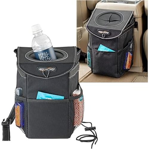 High Road StashAway Heavy Duty Car Trash Can with Rubber Lid, 3 Storage Pockets and Sturdy Panels for Stable Floor or Hanging Seatback Use (Black)