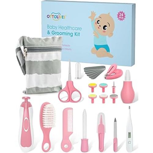 OTTOLIVES Baby Healthcare and Grooming Kit, 24 in 1 Baby Electric Nail Trimmer Set Newborn Nursery Health Care Set for Newborn Infant Toddlers Baby Boys Girls Kids Haircut Tools (0-3 Years+) (Pink)