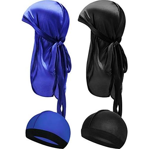 4 Pieces Kids Silky Durag with Wave Caps Set Unisex Baby Durags Long Tail and Wide Strap Headwraps Turban Beanies