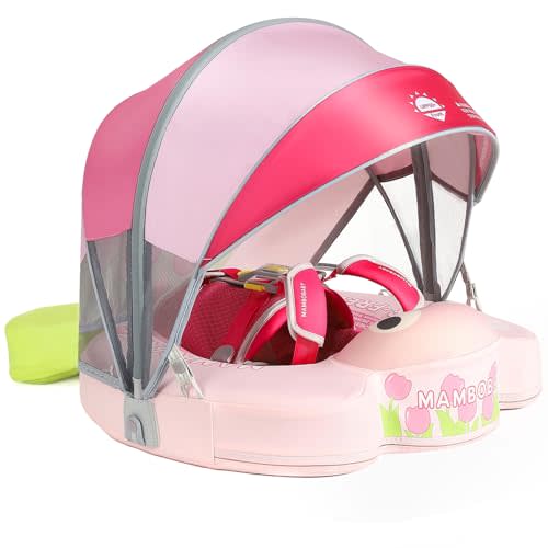 Mambobaby Float with Canopy & Portable Backpack Skin-friendly Baby Swim Float with Tail Waterproof Non-Inflatable Mambo Float Smart Swim Trainer Soft Solid Infant Pool Float 3-24 months Baby Swim Ring
