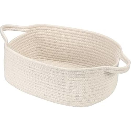 Small Woven Cotton Rope Basket Cute Baby Gift Baskets Empty Decorative Storage Basket for Organizing Shelves Closet Baby Nursery Basket Bin Toy Storage Basket Organizer 13.7"x10.2"x 5" Pure White