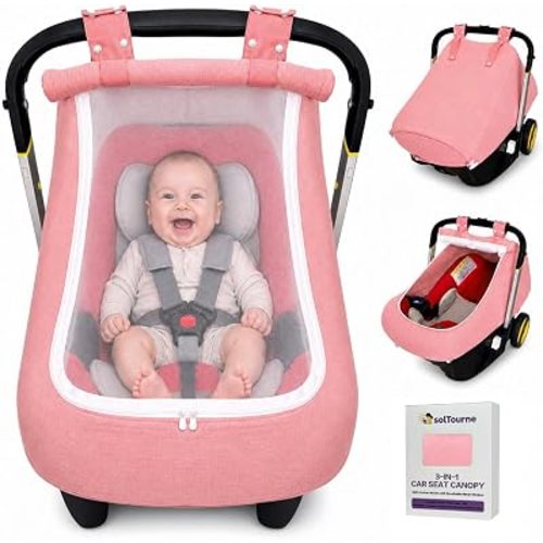 Breathable Muslin Mesh Baby Car Seat Canopy - Premium Oxford Cloth Hanging Ears with Adjustable Snaps, Full-Seal Protection, 3 Ventilation Modes, Easy Zipper Access