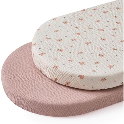 Blissful Diary Muslin Bassinet Sheets for Baby Girls Boys, Boho Soft Cotton Fitted for Oval Hourglass Rectangle Mattress, 2 Pack(Pink Floral&Light Pink)
