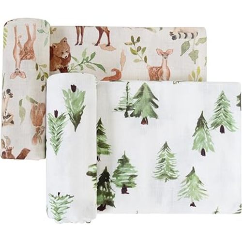 LifeTree Muslin Swaddle Blankets Neutral, Woodland Baby Swaddling Wrap Nursery Receiving Blanket for Boys & Girls Unisex, Soft 70% Viscose from Bamboo and 30% Cotton, Large 47 x 47 inches