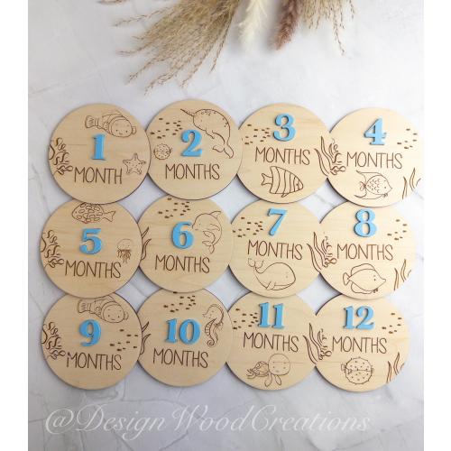 Baby Monthly Milestone Markers, Ocean Life Discs Marker, Personalized Baby Shower Gift, Wood Milestone Cards, Engraved 3D Milestone Discs