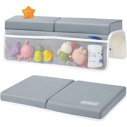 URMYWO Bath Kneeler and Elbow Rest Pad Set - 1.5" Thick Baby Bath Kneeler Pads with Toys Organizer, Anti-Slip Cozy Knee & Arm Support Bathtub Mat, Quick Dry Kneeling Pad for Baby Bath Time