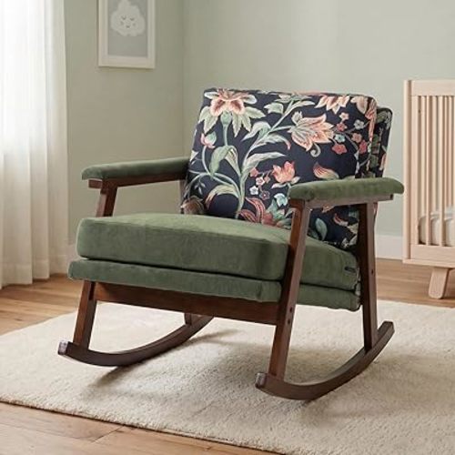 Nursery Rocking Chair, Compact Upholstered Rocker with Solid Wood Legs, Cozy Nursing Glider Chair for Mom, Small Space Chair for Nursery, Bedroom (Olive Green Floral)