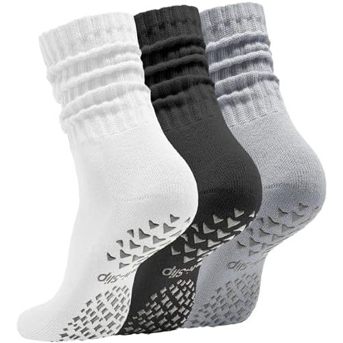 Women’s Pilates Socks with Grips – 3 Pairs Scrunch Crew Non-Slip Yoga Barre Workout Hospital Slipper Slouch Socks