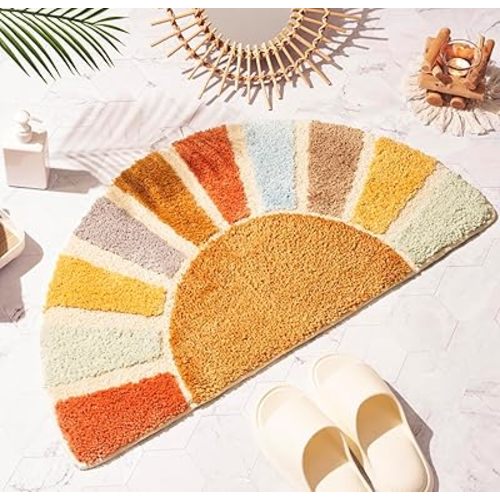 Sunrise Boho Bathroom Rugs,Half Circle Bath Mat Cute,Sun Bath Mats,Retro Bohemian Home Bathroom Decor,Small Colorful Fun Semi Round Shower Rug Non-Slip,Funny Washable Rug Bedroom 31"x16"