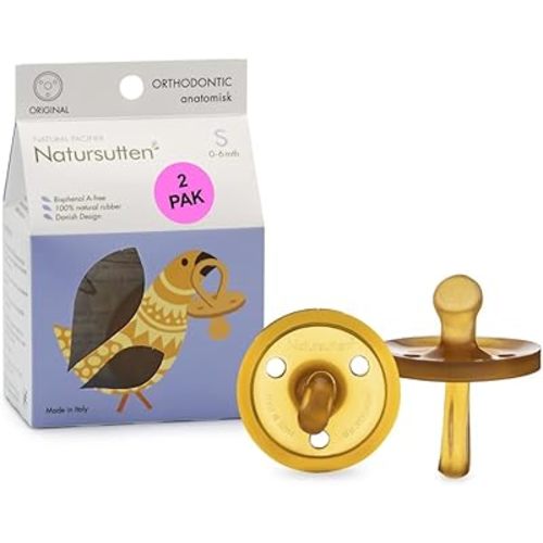 Natursutten Pacifiers 0-6 Months - 2-Pack Original Shield Orthodontic Nipple Natural Rubber Safe & Soft BPA-Free Pacifiers for Breastfeeding Babies - Newborn Pacifiers Made in Italy