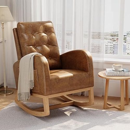 GarveeHome Nursery Rocking Chair, Breathable PU Leather Upholstery, Sturdy Wooden Legs & High Backrest, Comfortable Glider Rocking Chair for Living Room or Bedroom, Orange