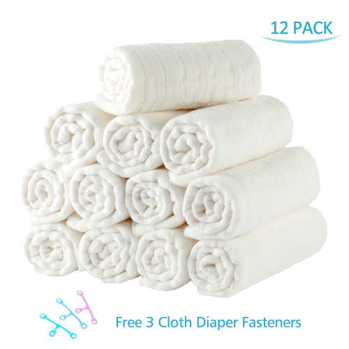 "JML 100% Cotton Newborn Baby Diapers 12 Pack, Washable, with Fasteners, 6 Ply Absorbency, 12""x16"", White"