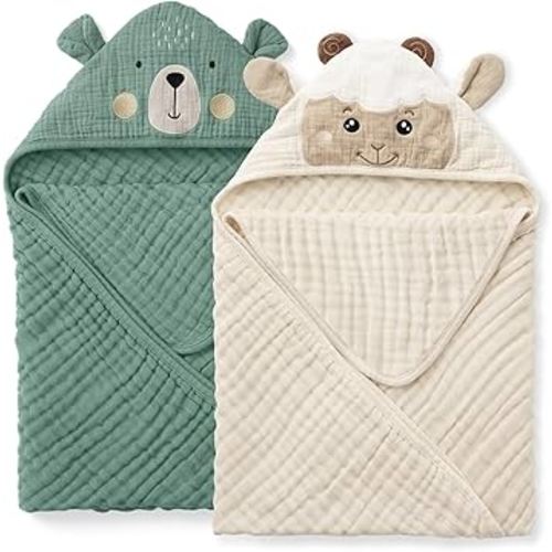 Blissful Diary Muslin Baby Hooded Towel 2 Pack, Soft & Absorbent Bath Towel for Infant, Toddler, Unisex, Baby Gift, Newborn Essentials, Bear & Lamb