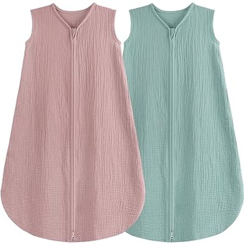 2 Pack Baby Sleep Sack 0-6 Months 100% Organic Cotton Muslin Baby Sleeping Bag 2-Way Zipper Toddler Wearable Blankets Comfy Stretchy Thin Sleep Sacks