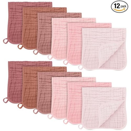 SWEET DOLPHIN 12 Pack Muslin Burp Cloths Large 100% Cotton Burping Clothes for Baby Drool - Absorbent and Soft Boys & Girls Milk Spit Up Rags for Newborn Essentials Registry - Dewy Petal