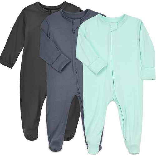 Aablexema Baby Zipper Pajamas Bamboo Rayon, 3pcs Unisex Infant Onesie with Mitten Long Sleeve Footed Pjs - Dark Grey & Aqua & Moonlight Blue - 0-3 Months