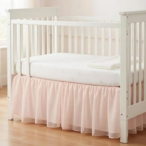 Pink Lace Crib Bed Skirts Double Layer Nursery Toddler Dust Ruffle Bedskirts 28''x 52'' Pink Tulle Lace Bedskirt for Boys Girls Nursery Toddler Bedskirt 14'' Drop Bed Skirt