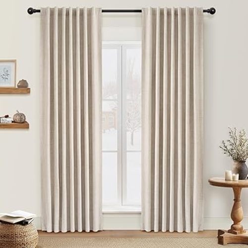 INOVADAY 100% Blackout Curtains 84 Inches Length 2 Panels Set, Back Tab/Rod Pocket Linen Black Out Curtains for Bedroom, Thermal Insulated Window Drapes - Cream, W50 X L84